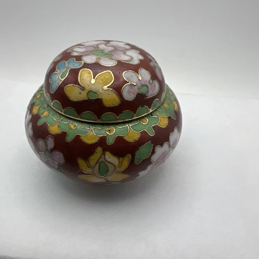 Vtg Small Chinese Floral Cloisonné Enamel Jar With Lid Exc Cond Trinket Bowl